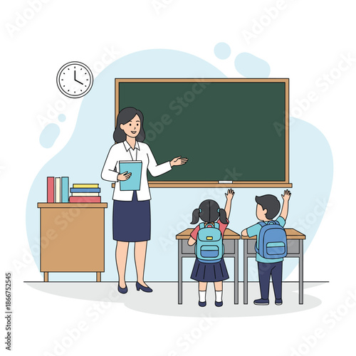 Female teacher standing by a blackboard in a classroom explaining a lesson to two young students sitting at their desks.