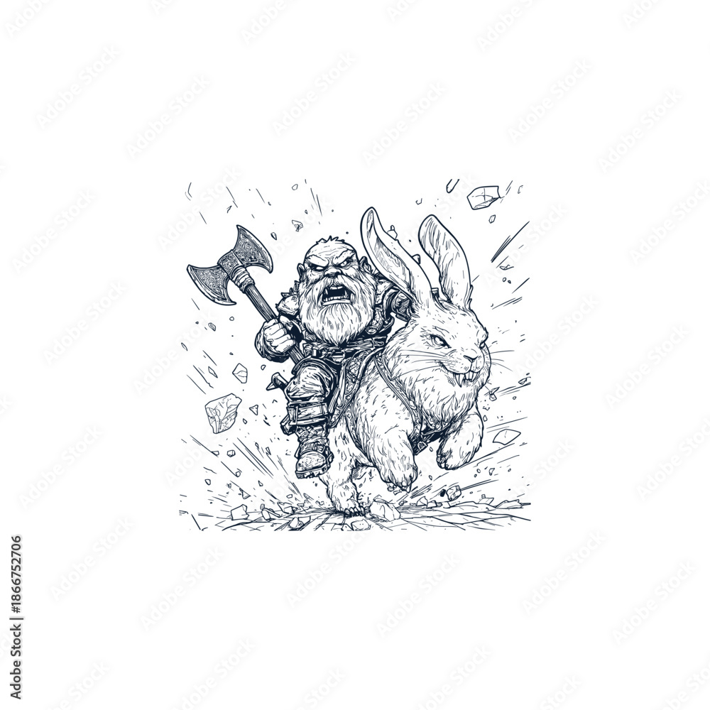 Obraz premium Dynamic vintage hand-drawn engraving of a fierce bearded dwarf warrior wielding a large battle axe and riding a giant, charging rabbit into battle.
