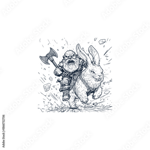 Dynamic vintage hand-drawn engraving of a fierce bearded dwarf warrior wielding a large battle axe and riding a giant, charging rabbit into battle.