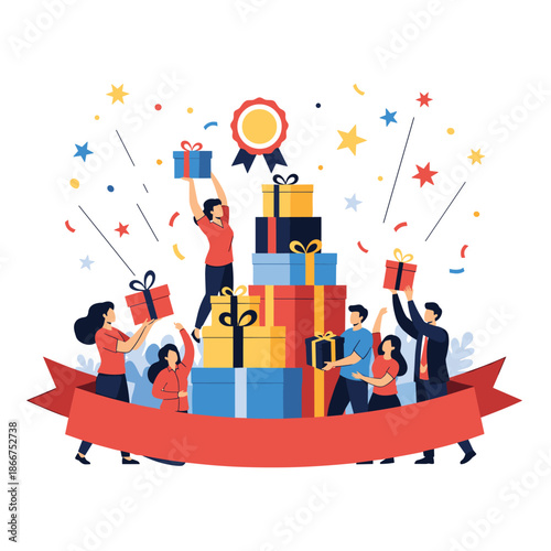 Team celebration of achievement featuring happy people around a tall stack of gift boxes and a red ribbon under falling confetti.