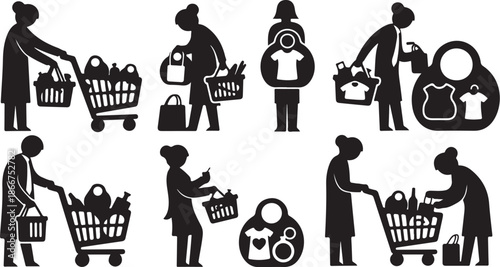 Shopping Silhouettes of People with Carts and Bags