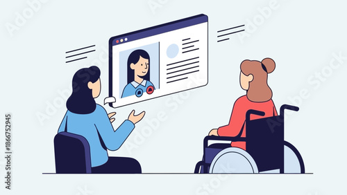 Healthcare professional consulting with a patient in a wheelchair via a digital screen displaying a medical consultation interface