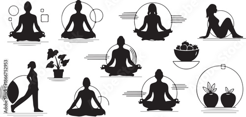 Yoga poses and meditation in minimalist silhouette style