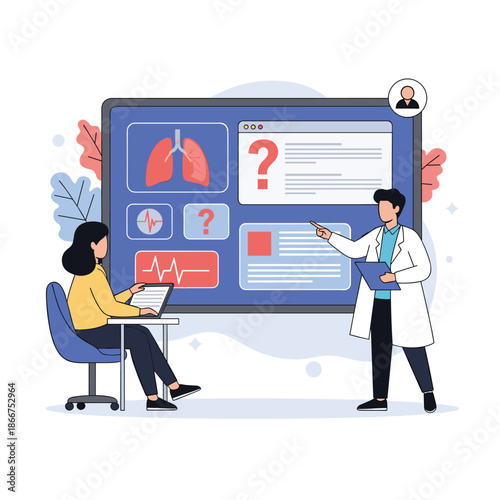 Medical professionals discussing pulmonary health while analyzing lung scans and diagnostic data on a large interactive digital display.
