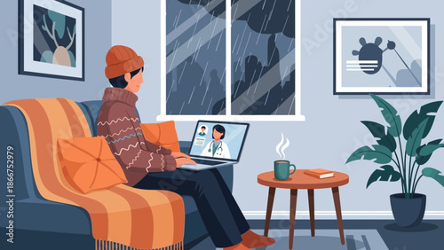 A person working on a laptop on a couch in a cozy living room with a cup of coffee on a side table