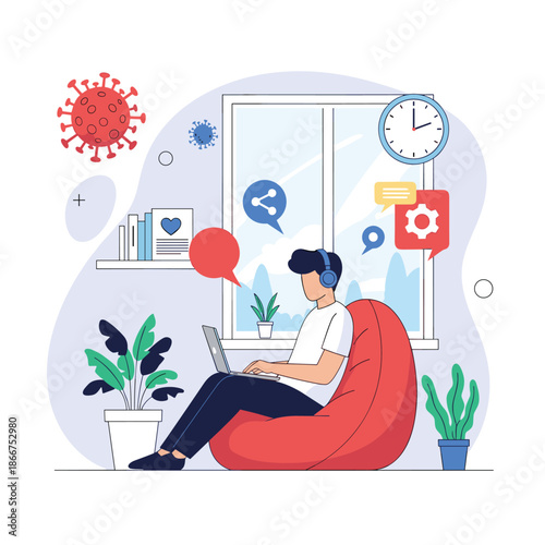 Remote worker working on a laptop while sitting on a bean bag at home with virus icons and various digital icons in the air.