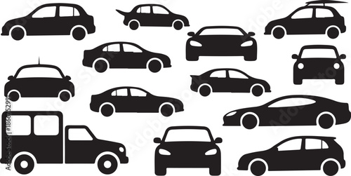 Collection of various car silhouettes on white background
