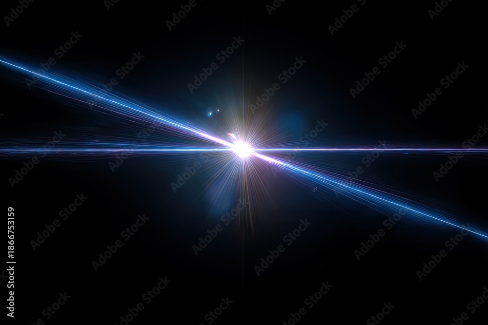 Fototapeta premium A bright star-like point surrounded by blue and violet light streaks against black