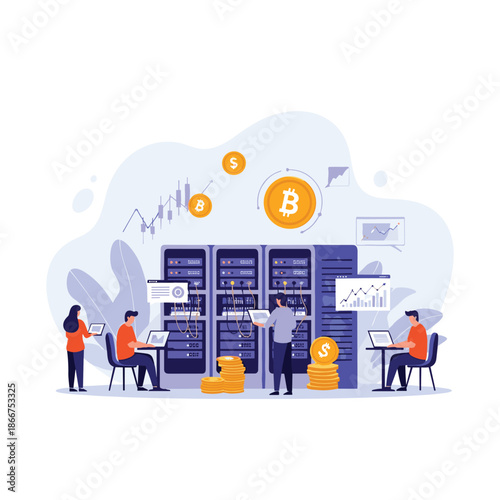 Data center and cryptocurrency mining concept showing technical staff working with server racks and various digital coin icons.