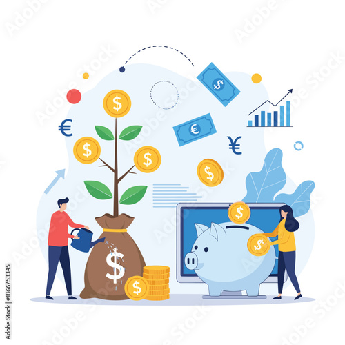 Financial growth and long-term savings concept with people watering a money tree and depositing coins into a giant piggy bank.