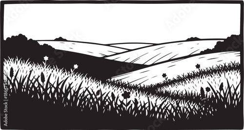 Black and white landscape with rolling hills and wildflowers
