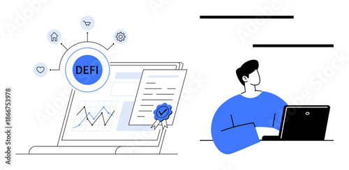 Laptop featuring a DeFi dashboard, certificate, growth chart, icons for decentralized networks. A person working on a laptop. Ideal for finance, blockchain, technology, innovation business