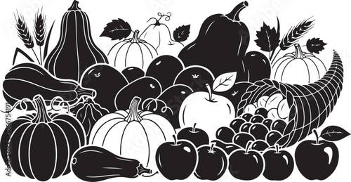 Harvest illustration with pumpkins, fruits, and vegetables in black and white