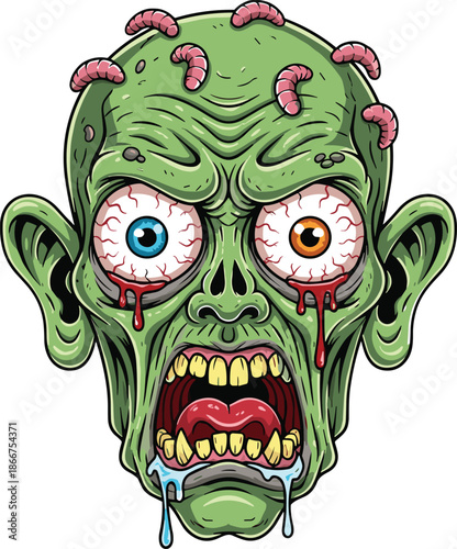 Scary Cartoon Zombie Head Vector Illustration with Bulging Bloodshot Eyes Creepy Worms and Green Rotting Skin for Halloween Graphic Design