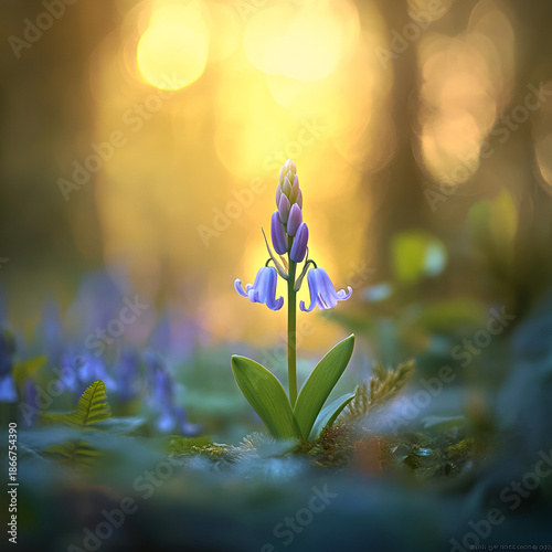 Blooming bluebell flower in enchanted forest at sunrise nature photography magical atmosphere close-up view