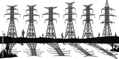 Black silhouette of high voltage electric transmission towers and power lines in desert landscape with reflections for industrial energy concepts.