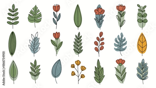 An illustration of various leaves and flowers in different colors and shapes on a white background.