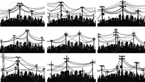 Black silhouette of urban city skyline with tangled power lines and utility poles against a white background for industrial design concepts