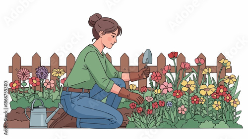Woman Gardening Planting Flowers Near Wooden Fence.