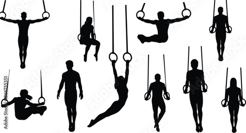 Gymnastic rings athletes silhouette collection showing strength training exercises male and female bodyweight workout poses isolated on white background vector