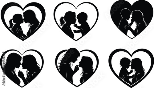 Silhouette Vector Set of Loving Mother and Child in Heart Frames for Mothers Day Family Bond and Nurturing Love Illustrations