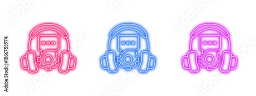 Neon glowing gas mask vector icons set, safety, protection, respirator, chemical, industrial, medical, hazard, digital design illustration on transparent background.