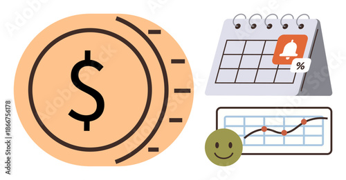 Financial planning, budgeting, investment strategies, savings growth, time management, visual tracking. Dollar symbol, calendar with reminder and chart. Financial planning and budgeting concept