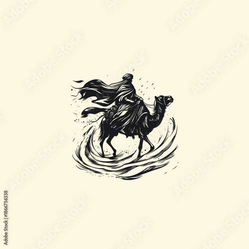 Powerful vintage hand-drawn engraving of a desert nomad with a flowing cape riding a camel at high speed through a swirling sandstorm.