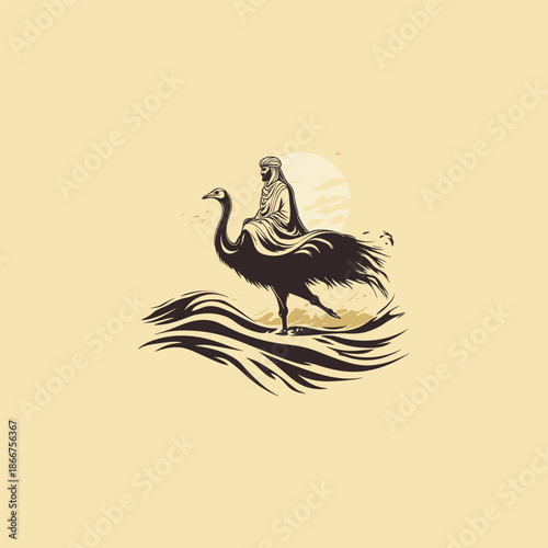 Minimalist vintage illustration of a desert nomad in traditional robes and turban riding a large ostrich across stylized sand dunes.