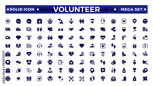 Volunteer solid icon set. Charity and Volunteering solid style of philanthropic icons: almsgiving, helping those in need, donation, contribution, humanism, altruism