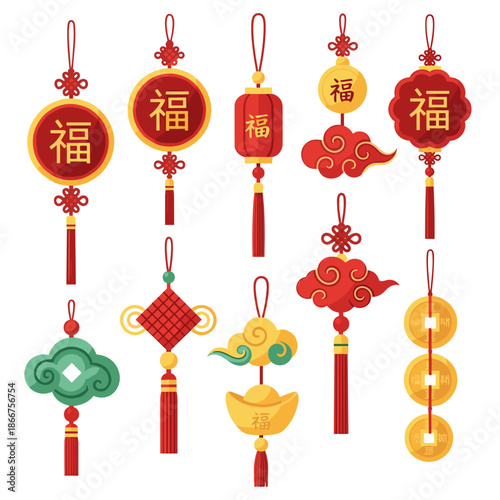 Chinese Fu Symbol Hanging Ornament Set