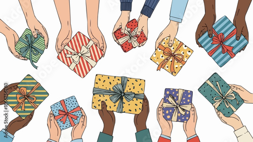 Diverse Hands Holding Wrapped Gift Boxes Celebrating Together.