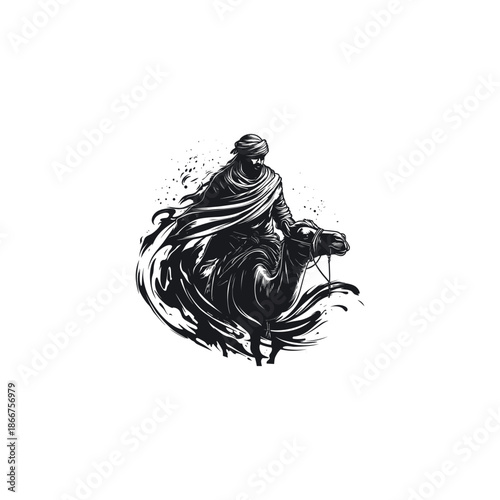 Powerful vintage hand-drawn engraving of a desert nomad with a flowing cape riding a camel at high speed through a swirling sandstorm.