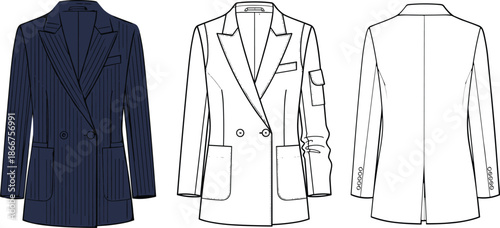 Double Breasted Pinstripe Blazer Fashion Technical Sketch Set with Utility Cargo Pocket Detail and Back View for Apparel Design Template