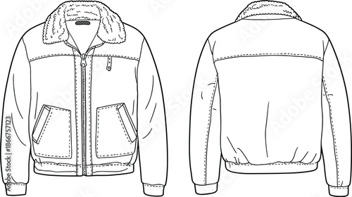Men Fashion Shearling Bomber Jacket Technical Vector Flat Sketch Illustration with Fur Collar Zipper and Ribbed Cuffs for Apparel Design
