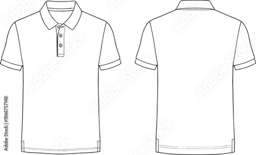 Men's Short Sleeve Polo Shirt Technical Fashion Flat Sketch, Front and Back View Vector Template with Collar and Placket Details