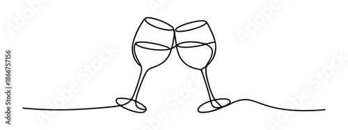 Continuous line drawing of wine glasses toasting minimalist style cheers vector illustration