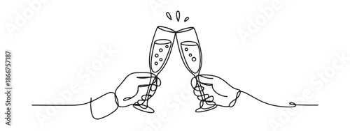 Continuous line drawing of hands toasting champagne glasses celebration vector illustration