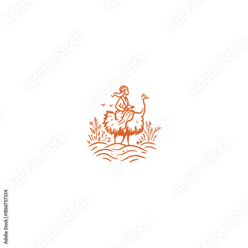 Vintage orange ink sketch of a desert traveler in traditional robes riding a large ostrich through a landscape of rolling dunes and sparse vegetation.