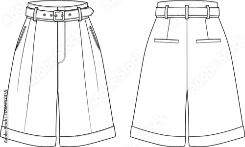 Technical Flat Sketch of High-Waisted Tailored Bermuda Shorts with Belted Waistband Pleated Front and Cuffed Hem for Fashion Design Templates