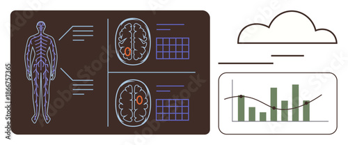 Health diagnostics, neuroscience, data analysis, medical technology, cloud computing, anatomy studies. ion of a human body diagram, brain scans and bar chart in a connected system. Health