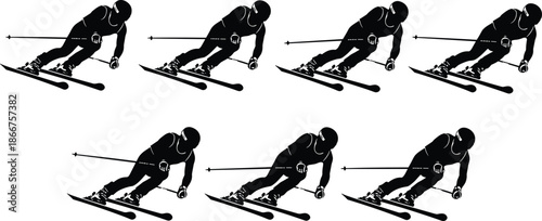 Alpine skier silhouettes in dynamic downhill motion showing winter sports action athletes skiing isolated on white background extreme sport concept