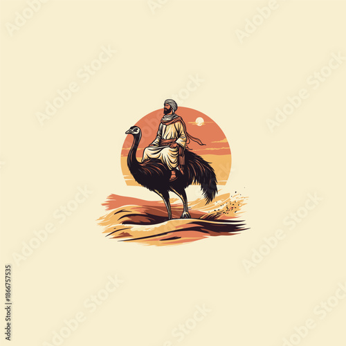 Minimalist vintage illustration of a desert nomad in traditional robes and turban riding a large ostrich across stylized sand dunes.