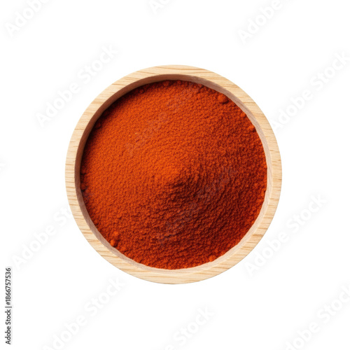 Small wooden bowl with natural grain, filled with vibrant red spice powder, isolated on transparent background, copy space, overhead shot, soft shadow, Concept for culinary ingredients and gourmet
