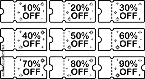 Black and white discount coupon tickets set with percentage off sale offers from ten to ninety minimal outline promotion design