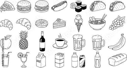Black and White Line Art Icons of Various Foods and Drinks on White Background, Food Industry