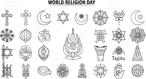 World Religion Day Black and White Line Art Icons Set. Diverse Religious Symbols Collection for Faith, Spirituality, and Cultural Unity.