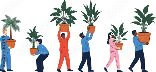 Illustrated People Holding Potted Plants in Colorful Outfits Representing Gardening, Teamwork, and Environmental Care on White Background