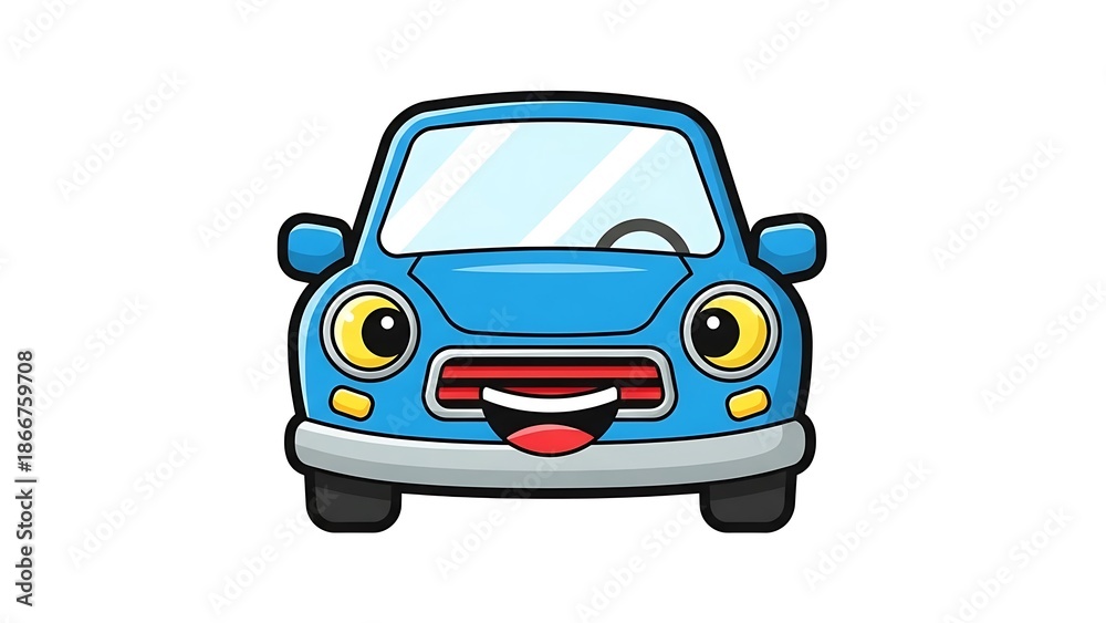Obraz premium Smiling cartoon blue car face closeup.