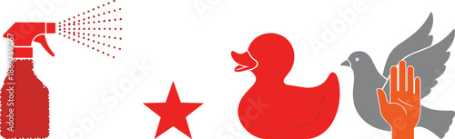 Vector illustration of five symbolic icons including spray bottle, star, rubber duck, dove, and raised hand in flat design.